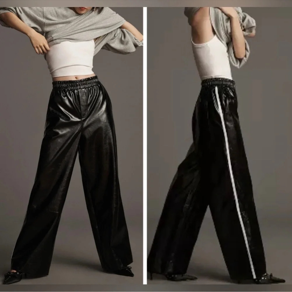 Maeve Shiny Black Wide Leg Pants with White Stripe